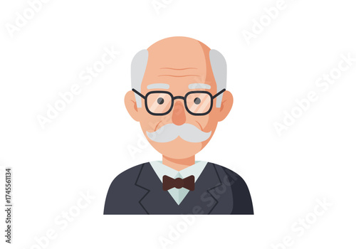 Cartoon portrait of an elderly gentleman with a grey mustache glasses and a brown bow tie.