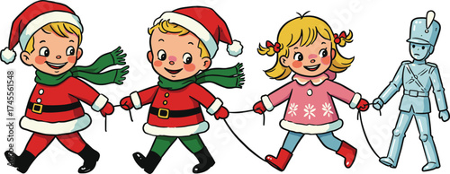 Christmas children parade, festive holiday kids illustration, Santa costume boy, winter girl in pink coat, nutcracker toy soldier, holiday celebration, cheerful seasonal artwork