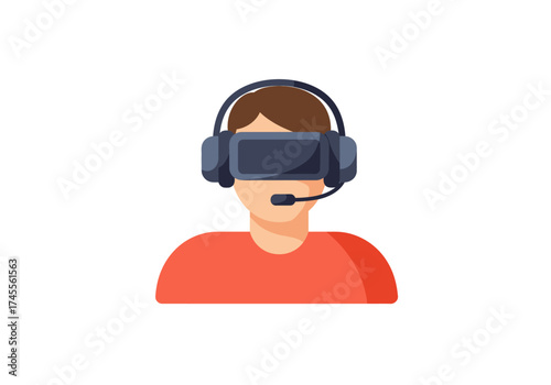 Stylized flat icon of a person with brown hair wearing a dark virtual reality headset with integrated headphones and a microphone.