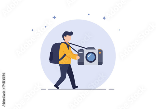 Cartoon Man with Backpack and Camera Walking.