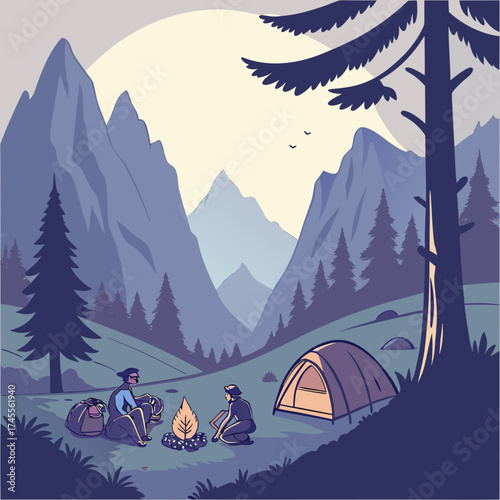 Vector art of campers enjoying nature in mountains