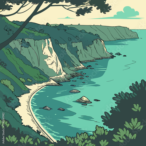 Vector art of cliffside coast with a sandy beach