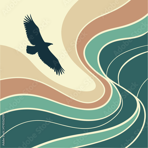 Vector art of eagle flying over the river