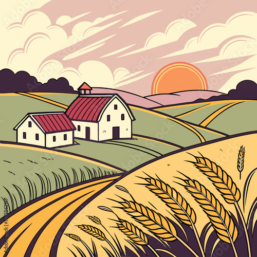 Vector art of farm landscape at sunset