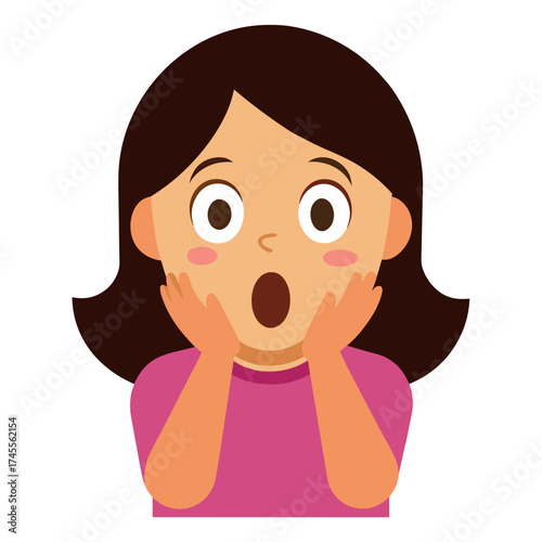 Cartoon Girl with Brown Hair Expressing Shock and Surprise with Open Mouth and Wide Eyes Illustration