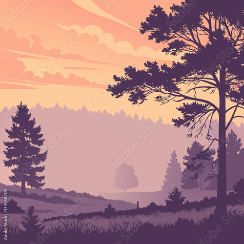 Vector art of forest landscape with pine tree