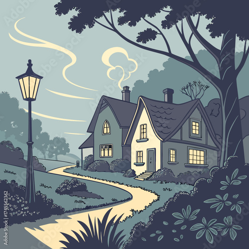 Vector art of house with a lamp at night