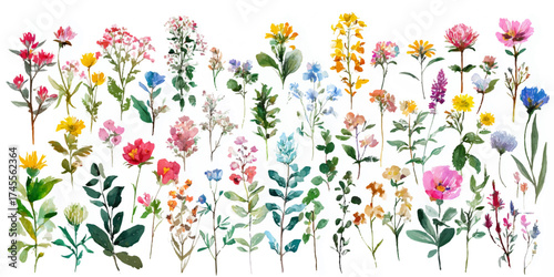 A vibrant collection of delicate watercolor wildflowers and botanical elements, showcasing a variety of colors and textures, isolated on a transparent background.