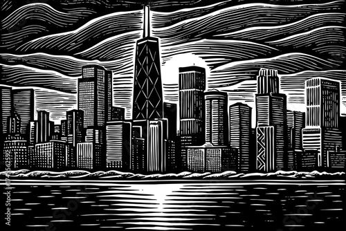 Chicago skyline with Lake Michigan, tall buildings black and white sketch, and sunset sky, iconic American architecture illustration.