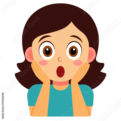 Cartoon girl with surprised expression holding her face showcasing excitement and astonishment ideal for children illustrations