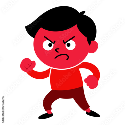 Cartoon Boy Red with Anger Fists Clenched Ready to Fight Bad Temper Tantrum Illustration