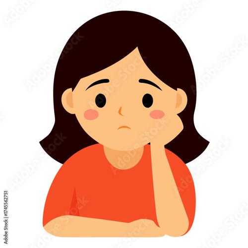 Sad Cartoon Woman Deep in Thought with Dark Hair and Orange Shirt Illustration