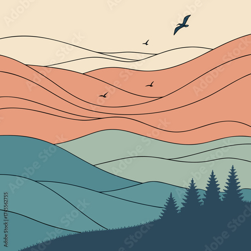 Vector art of minimalist mountain landscape with birds