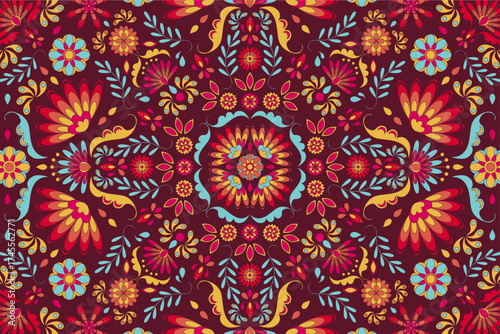 Vibrant vector folk pattern of Mexican style background. Traditional decorative pattern for textile, wallpaper, packaging, fabric, surface design, festival, Indian, Turkish, Pakistan motifs, print.