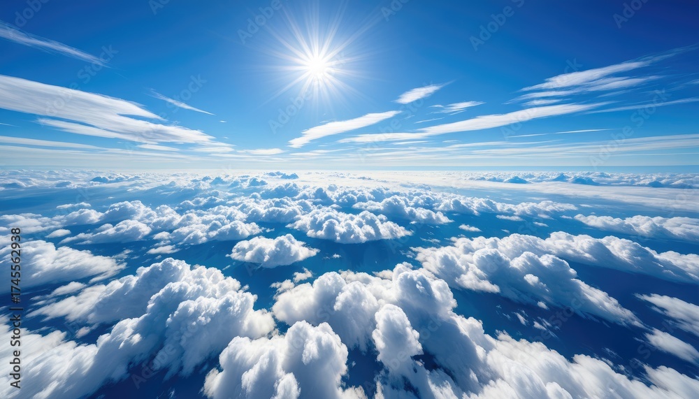 Fototapeta premium Bright sun shining above a fluffy cloudscape in a blue sky