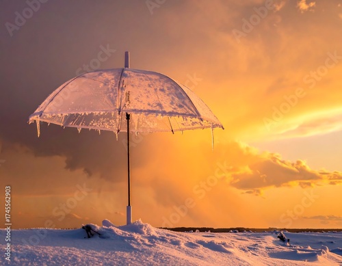 Frozen umbrella at sunset.  A frosted plastic umbrella stands on a snow-covered hilltop against a dramatic sunset