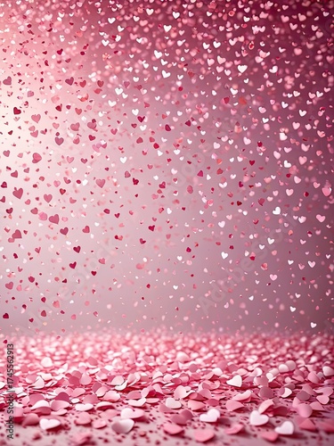 Pink hearts falling, covering a gradient background, romantic feel