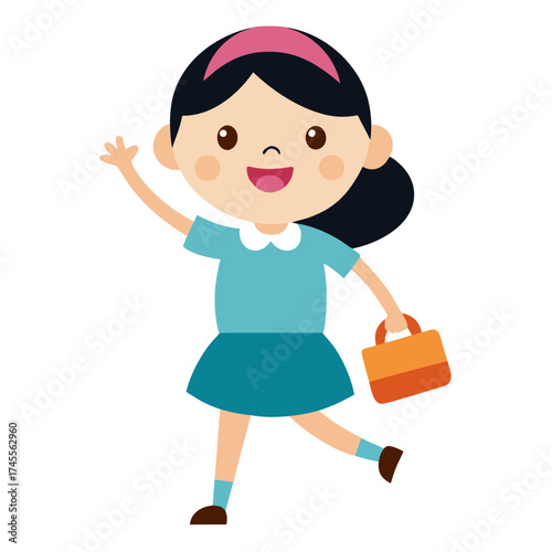Cute cheerful schoolgirl waving hello holding lunchbox with happiness and joy isolated on white background