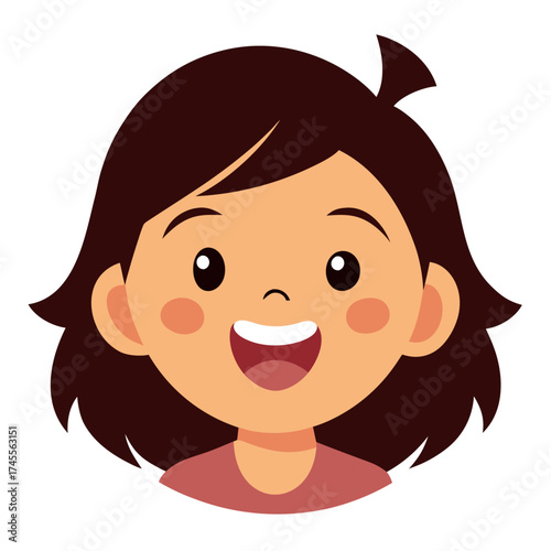Cute cartoon girl smiling widely with rosy cheeks and dark brown hair against a white backdrop