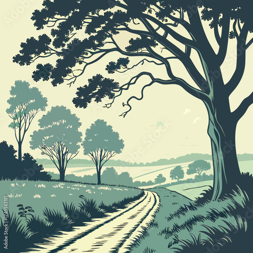Vector art of road through hills with trees