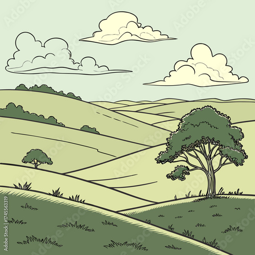 Vector art of rolling hills landscape with trees