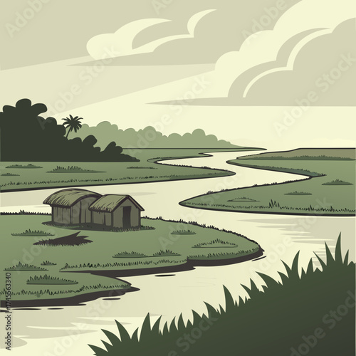 Vector art of rural landscape with river and hut