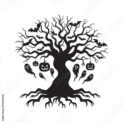 An eerie silhouette of a tree adorned with ghosts evokes the spirit of halloween.