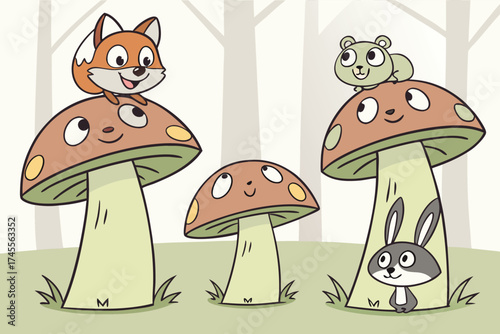 Cute cartoon animals sitting on oversized mushrooms in a forest setting bear cub