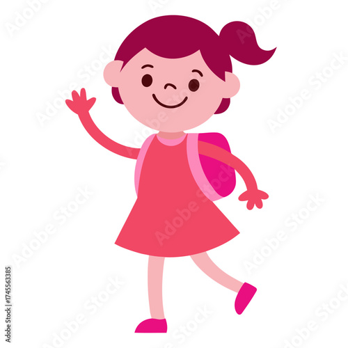 Illustration of a charming schoolgirl with pink dress and backpack happily waving hello cheerfully excited for school days
