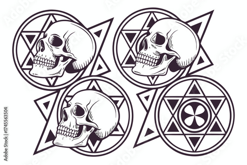 Four Skulls and Geometric Symbols in Dark Purple and White human skull head