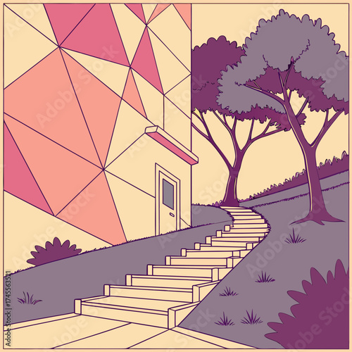 Vector art of stairway to geometric building