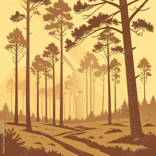 Vector art of sunlit forest with tall trees