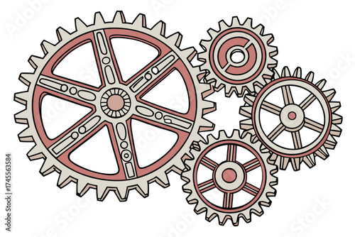 Interlocking Gears with Red and Beige Accents on White Background cogs mechanical