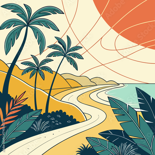 Vector art of tropical beach landscape with palms