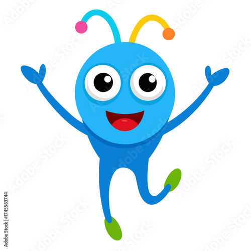 Happy Blue Alien Mascot Character with Antennae and Colorful Accents on White Background