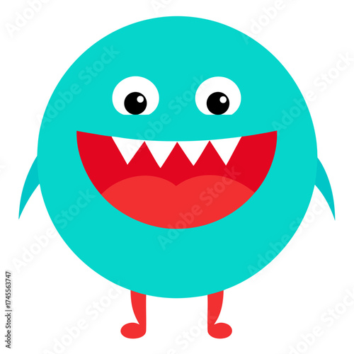 Cute Round Blue Monster with Big Smile and Sharp Teeth on White Background Illustration