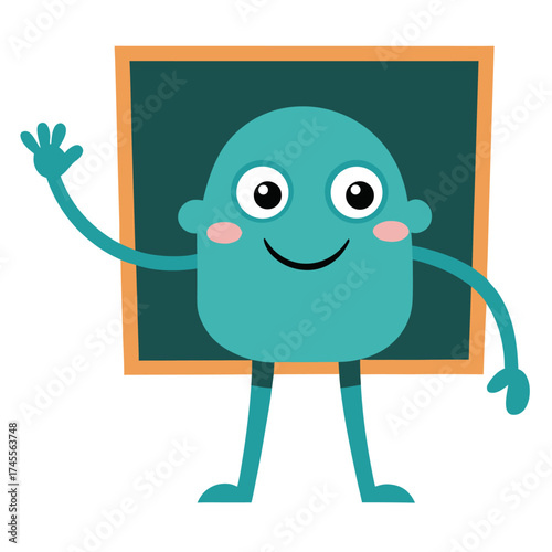 Cheerful Blue Cartoon Character Stands Beside Blackboard Waving a Friendly Hello Illustration