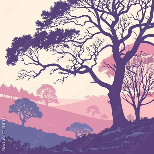 Vector art of trees in a pink landscape