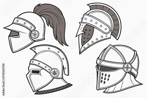 Set of Four Stylized Knight Helmets in Black and White warrior armor