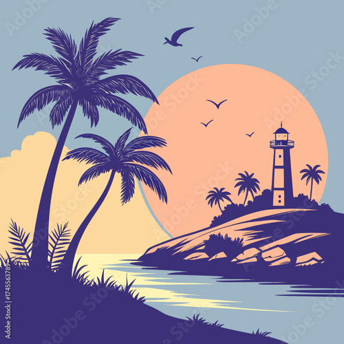 Vector art of tropical island with lighthouse