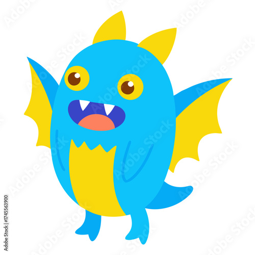 Cute Cartoon Monster Character in Blue and Yellow with Smiling Face and Sharp Teeth Illustration