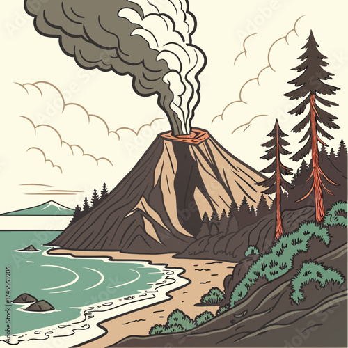 Vector art of volcano erupting near the coast