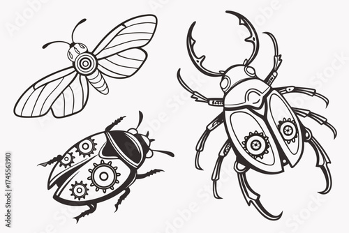 Steampunk Insects Butterfly Beetle and Moth Line Art on White bugs