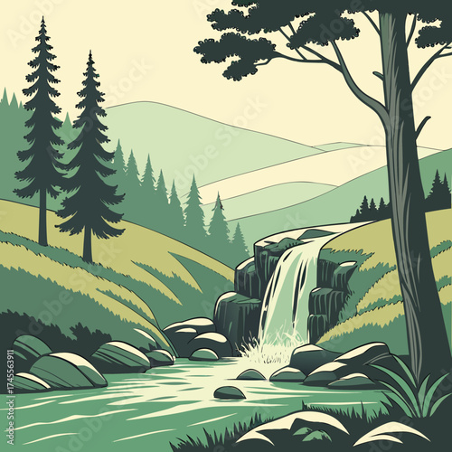 Vector art of waterfall in a forest landscape