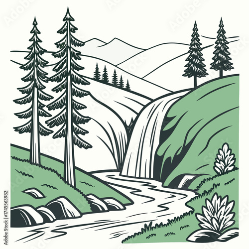Vector art of waterfall landscape with pine trees