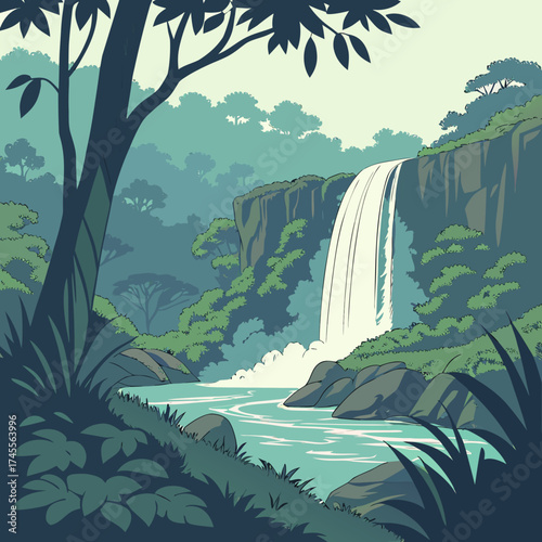 Vector art of waterfall in the jungle forest