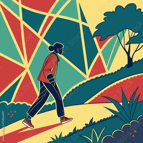 Vector art of woman walking in nature scene