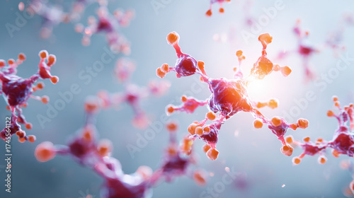 Glowing antibody molecule molecular structure science concept pink and orange soft light white background healthcare biotech research focus