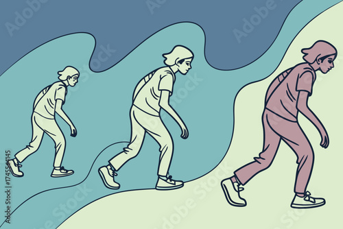 Three Figures Walking in Sequence Against Abstract Wavy Background progression