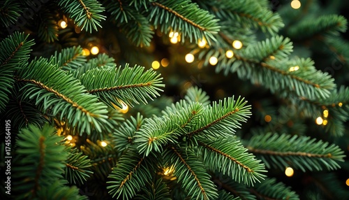 Lush evergreen tree branches with warm, glowing fairy lights